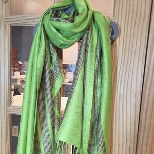 Lime Green Pashmina Scarf Wrap Shawl Wool and Silk Blend with Metallic Accents